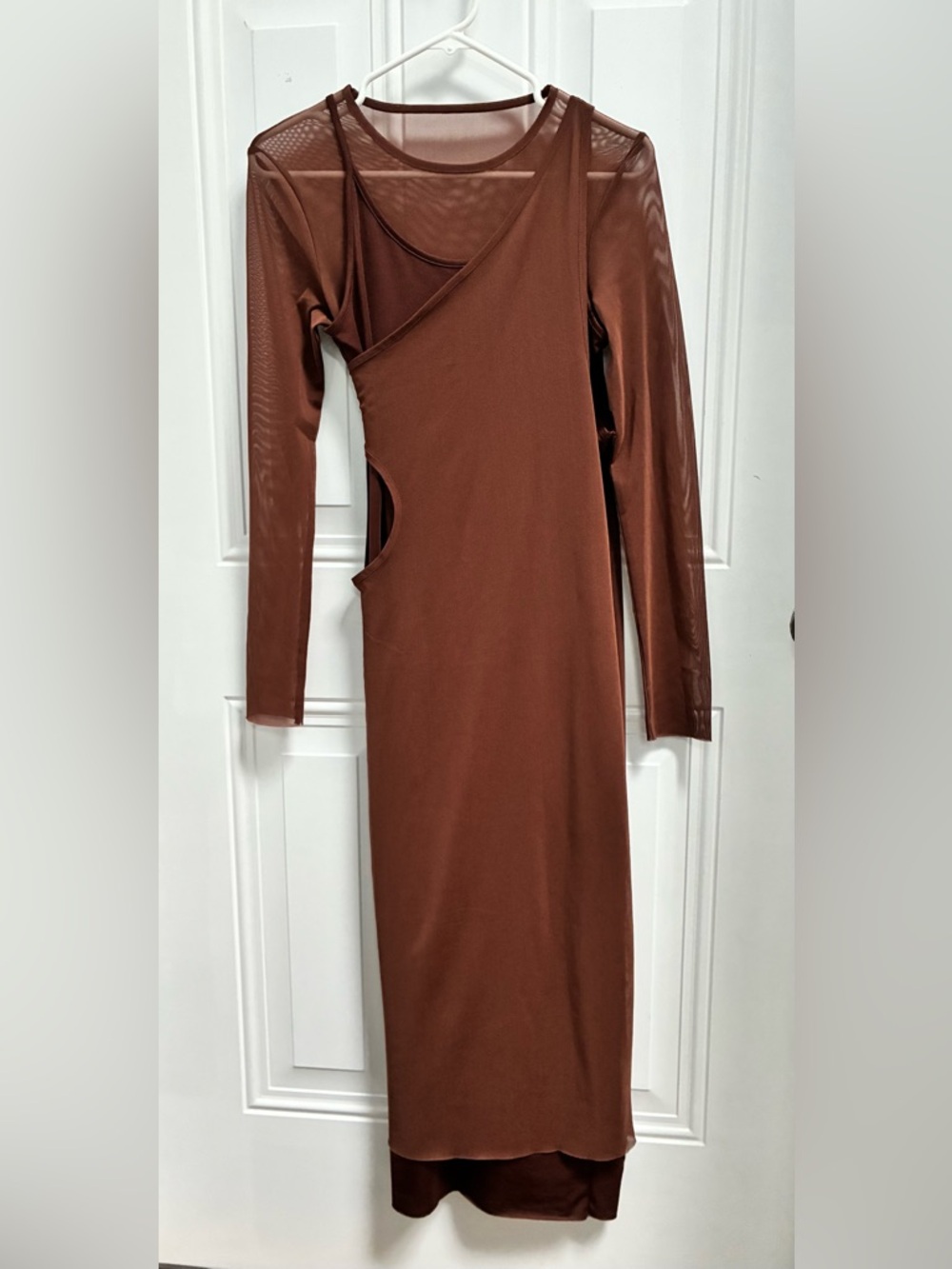 Topshop mesh mixed long
sleeve brown midi dress
